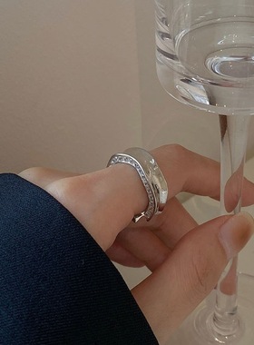 甜酷几何不规则戒指女闪亮微镶锆石字母S925镀银开口指环食指戒潮