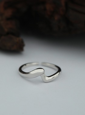 波浪弯曲缠绕戒指女简约冷淡风金银撞色S925镀银开口指环食指戒潮