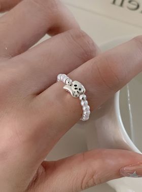 甜美仿珍珠串珠戒指女手作弹力可爱小狗蝴蝶结指环百搭叠戴食指戒