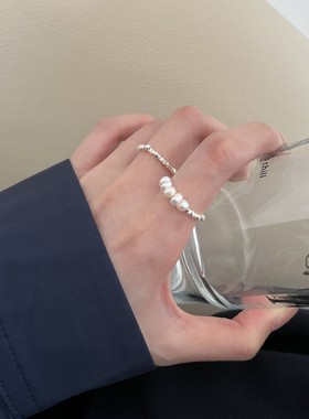 {两件包邮}简约弹力碎银戒指女韩版时尚个性珍珠S925指环叠戴百搭