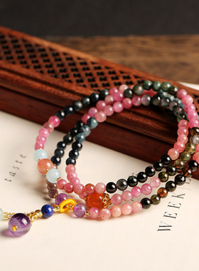 天然碧玺原石佛珠手链女生细