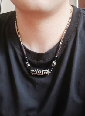 黑色九眼天珠项链男士吊坠锁骨链