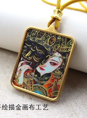 药师佛描金藏式唐卡画吊坠