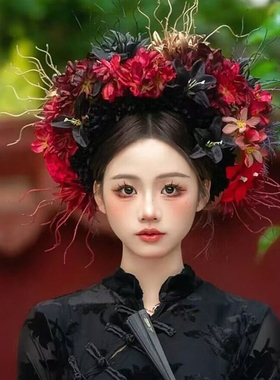 成人簪花暗黑系新款马面裙写真黑色金色泉州浔埔仿真花簪花头饰