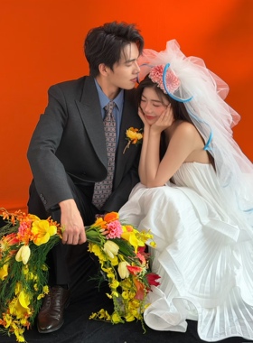 秋色系桔黄手拎花手捧花婚礼新娘橘色仿真花束复古婚纱照道具花新