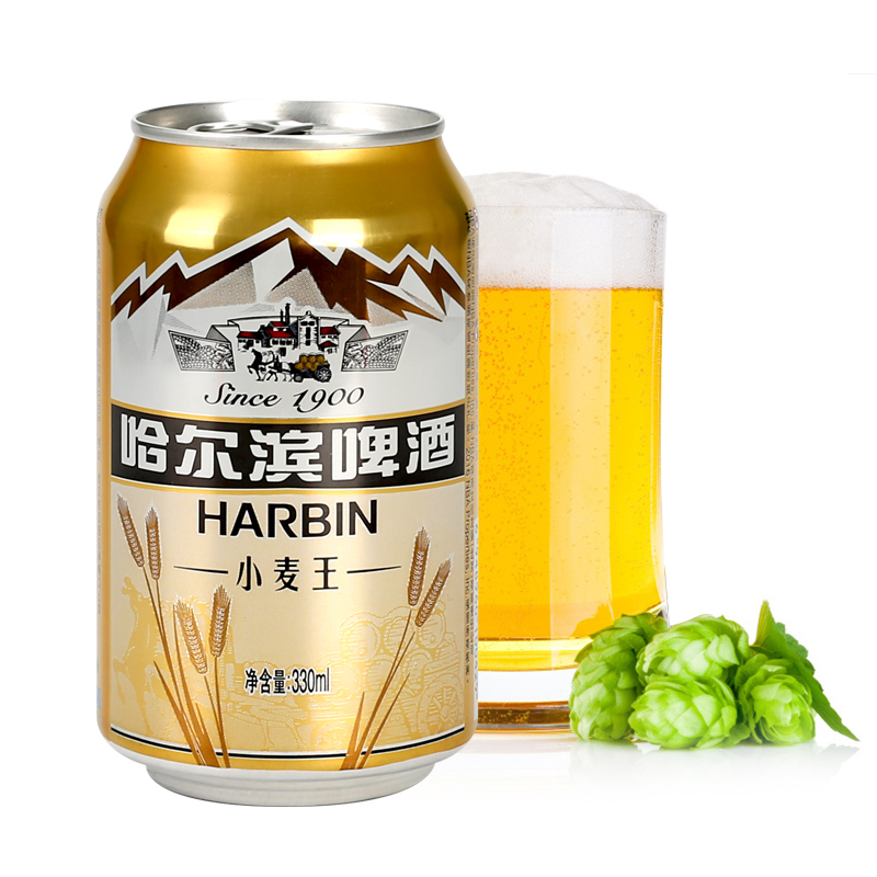 哈尔滨源产地小麦王啤酒330ml*24罐麦香浓郁熟啤易拉罐装哈啤整箱-图0