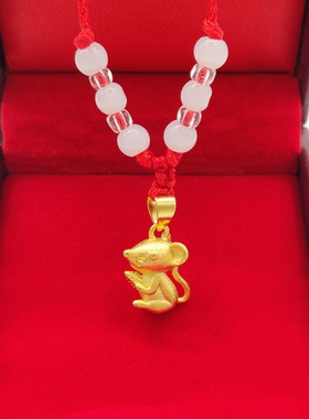 镀黄金鼠猪手工编织红绳玉石项链