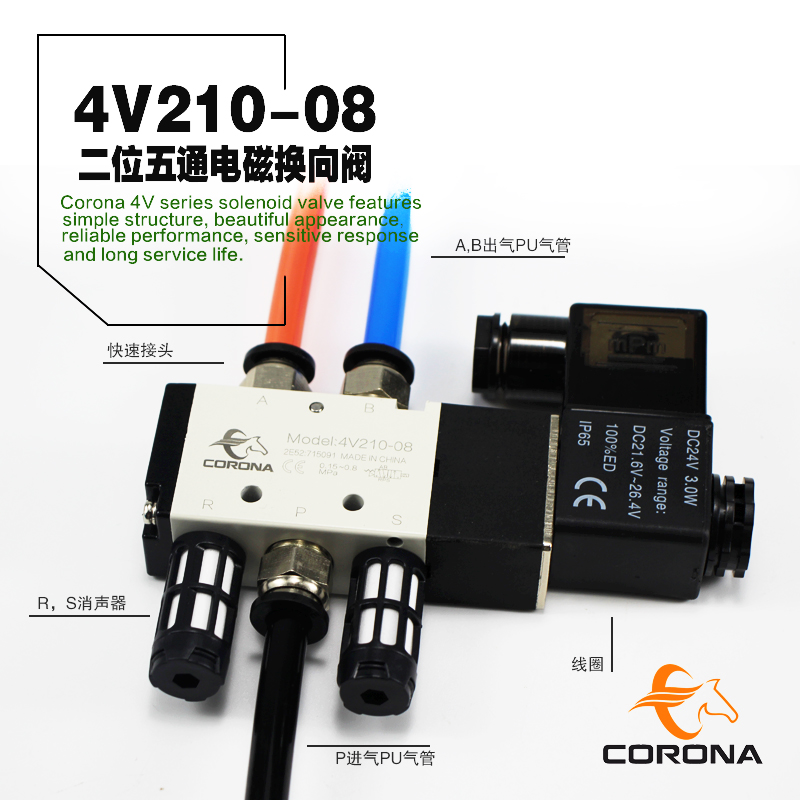 亚德客型电控二位五通电磁阀开关 气动换向阀4V210-08 气缸控制阀