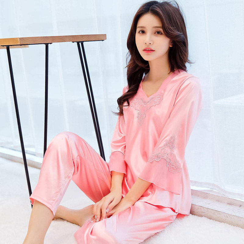 韩版长袖夏季冰丝真丝套装性感睡衣 天店睡衣睡衣/家居服套装