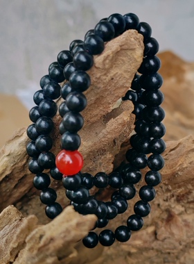 天然冰碛岩多圈手串珠子男女士 黑珠子红玛瑙点睛珠搭配