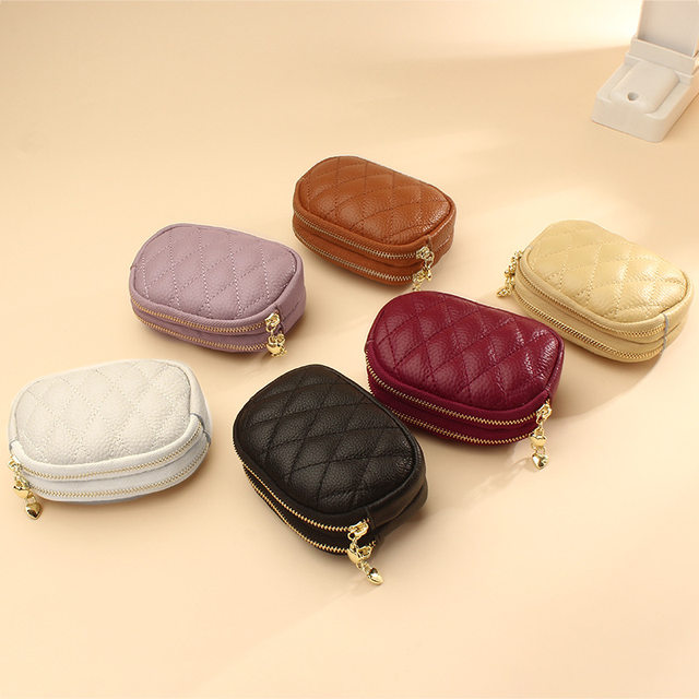 2023 new header cowhide diamond embroidery line key ring buckle coin bag double -layer zipper leather small coin purse female