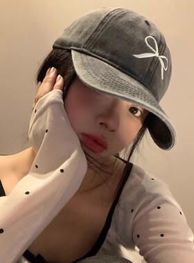 复古灰色鸭舌帽子女夏季2025新款蝴蝶结刺绣春秋宽檐显脸小棒球帽