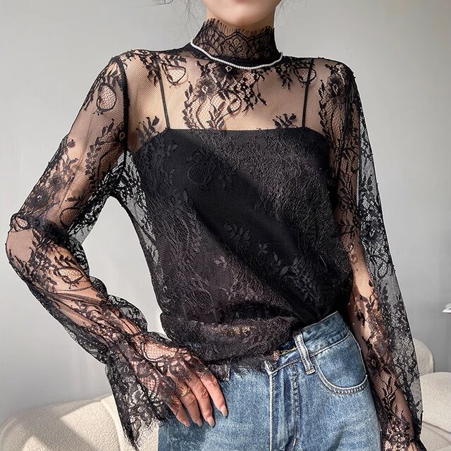 ເສື້ອຢືດ lace bottoming ໂປ່ງໃສສໍາລັບແມ່ຍິງເຄິ່ງຫນຶ່ງ turtleneck gauze eyelash