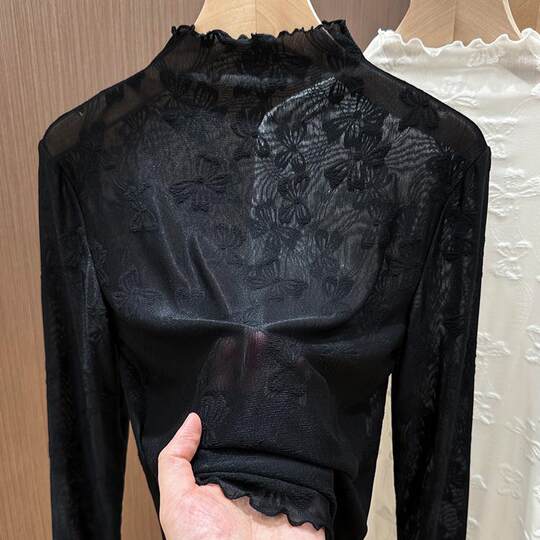 Fungus edge lace bottoming shirt half turtleneck mesh top
