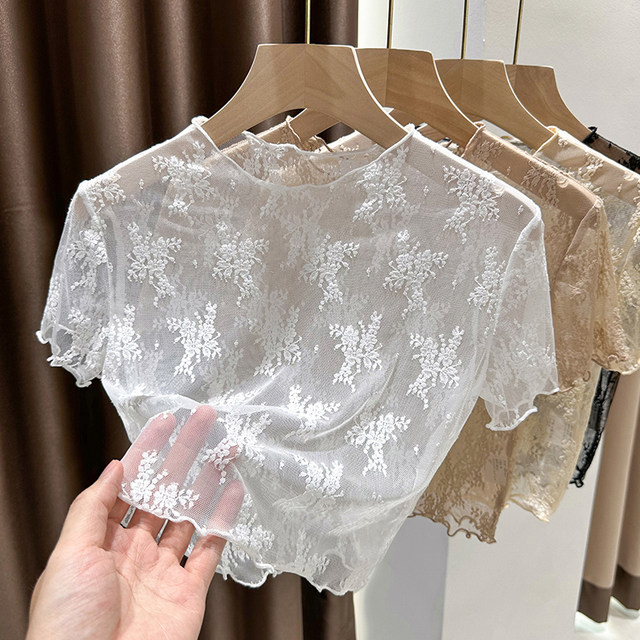 ເສື້ອທີເຊີດ lace ແຂນສັ້ນ sexy ບາງໆສໍາລັບແມ່ຍິງທີ່ມີຮູ apricot ສີ