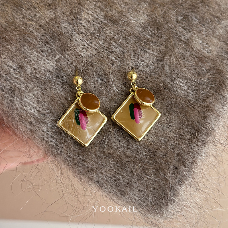 9折 美拉德油画菱形耳环方圆脸适合冬天的耳饰女高级感气质耳钉 - 图1