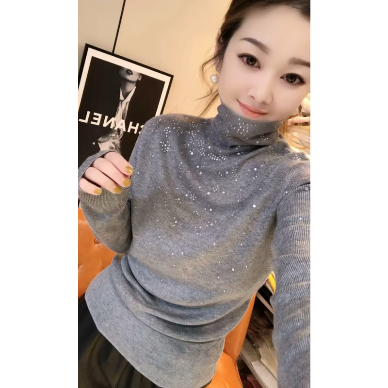 秋冬款修身高领针织衫长袖女欧货重工烫钻内搭毛衣打底衫洋气上衣 - 图3