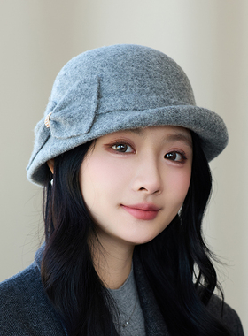 小香风羊毛蝴蝶结渔夫帽女秋冬