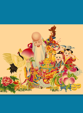 寿星公神像年画像农村中堂老式墙贴画宿舍房门装饰复古牛皮纸海报