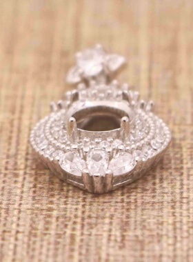 圆形925银戴妃款吊坠空托围锆代裸石镶嵌18k金 多规格首饰空托