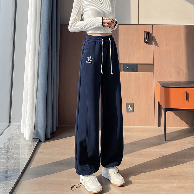 高中初中学生少女加长版裤子高个子秋冬加绒宽松直筒运动休闲卫裤 - 图1