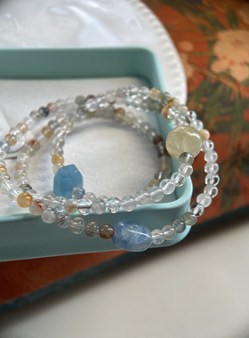拈花记原创 天然彩发晶睡觉手链 海蓝宝切面 金发晶 蓝晶石多宝
