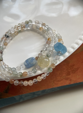 拈花记原创 天然彩发晶睡觉手链 海蓝宝切面 金发晶 蓝晶石多宝