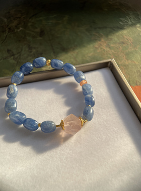 原创水晶手链 天然蓝晶石原石手串 粉幽灵 黄水晶 黄胶花古法银