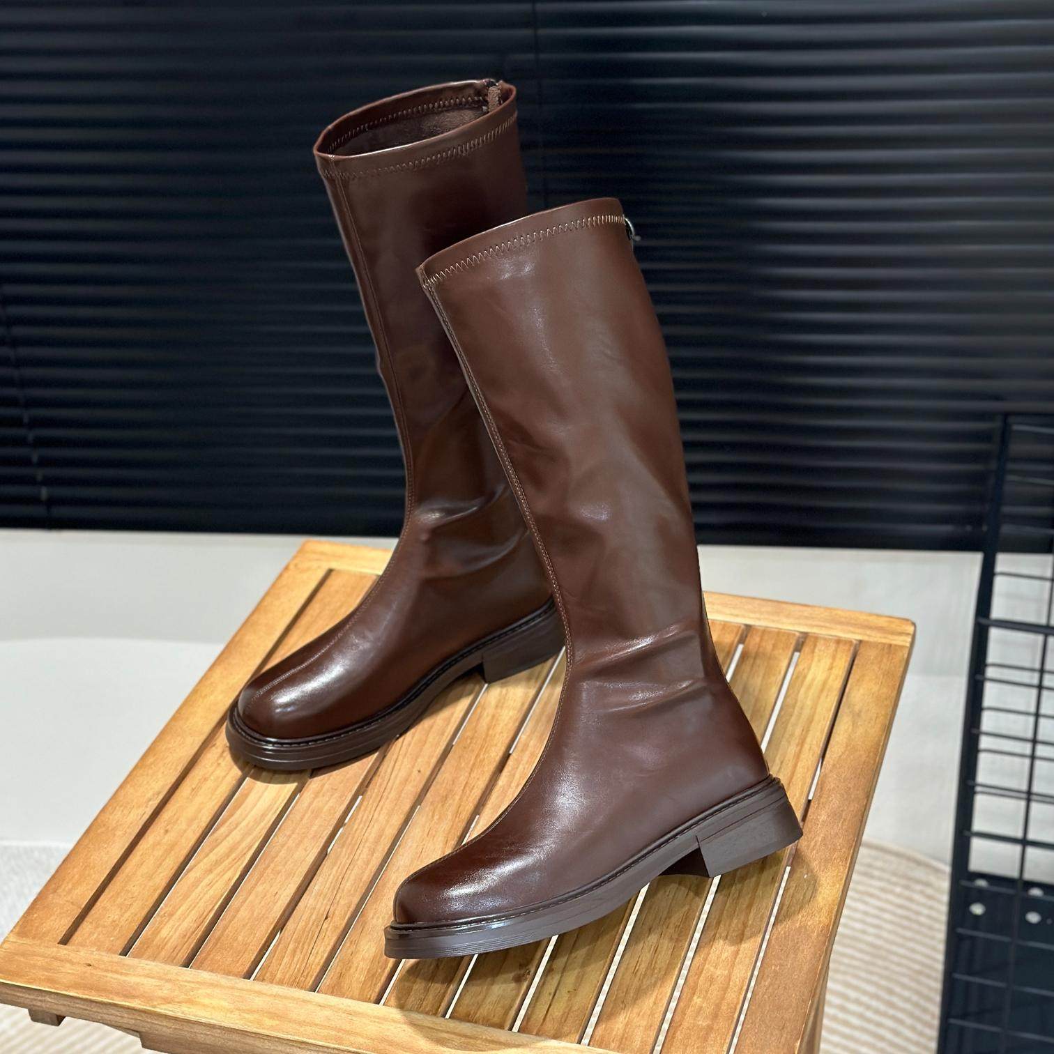平口弹力长筒靴女不过膝秋冬新款瘦瘦靴子棕色女靴粗跟高筒骑士靴,淘宝优惠券,粉丝福利购,淘宝优惠卷