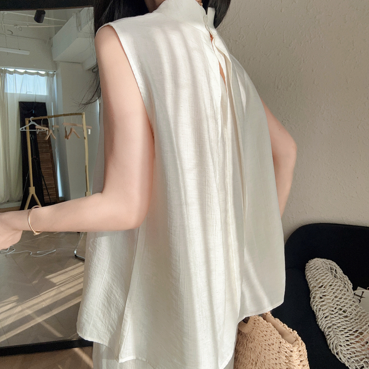 夏日松弛感套装轻熟风无袖上衣人丝亚麻两件套慵懒风松紧腰阔腿裤 - 图0
