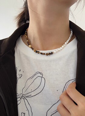 OPs原创秋冬美拉德天然虎眼石拼接淡水珍珠金太阳小众设计感项链