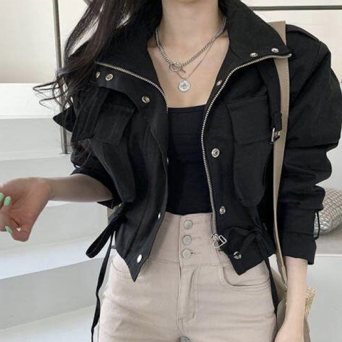 韩国chic秋季个性翻领拉链宽松双口袋抽绳收腰短款工装夹克外套女 - 图0