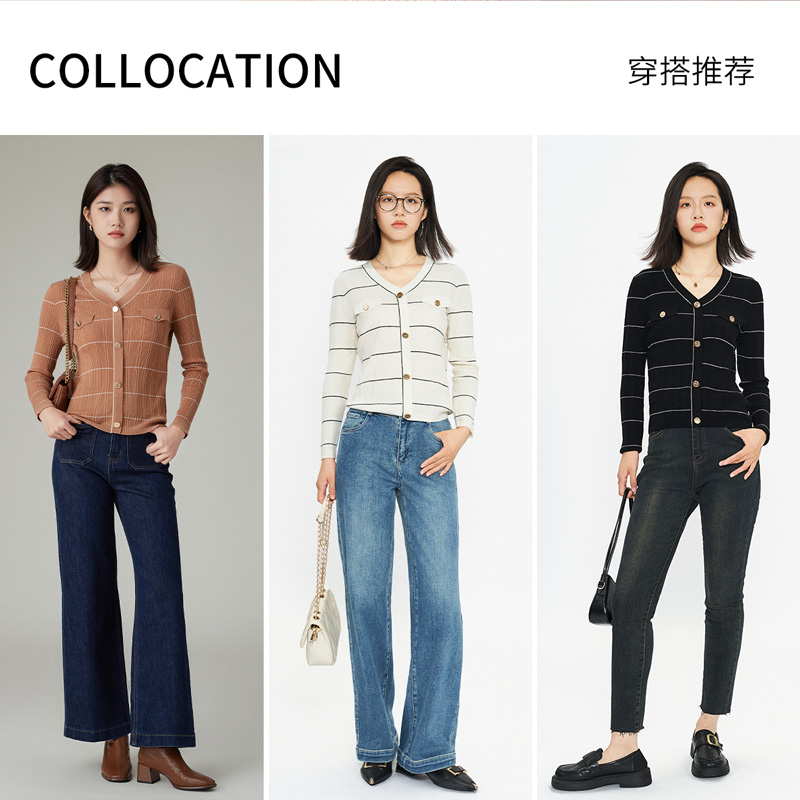 IVYKKI复古条纹针织毛衫V领显瘦小上衣百搭开衫女2025年秋季新款 - 图2