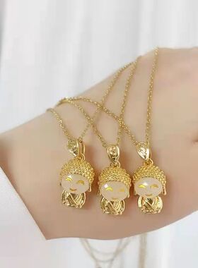 新款卡通小萌佛金色吊坠钛钢项链女可爱笑脸玉佛锁骨链饰品百搭潮