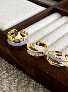 精致滴釉双层戒指女链条皇冠网格S925镀银开口指环小众食指戒潮