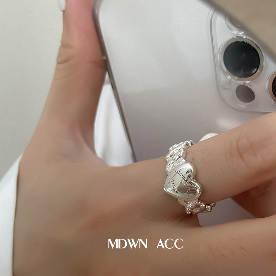 韩版S925银甜美爱心字母戒指女复古时尚重工链条开口指环食指戒潮