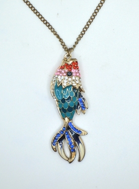 中古首饰 珐琅莱茵石彩色小鱼吊坠项链 双面工艺 不退换