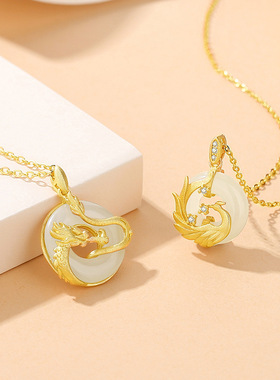 原创龙凤呈祥平安扣情侣项链纯银复古中国风宫廷吊坠古法金锁骨链