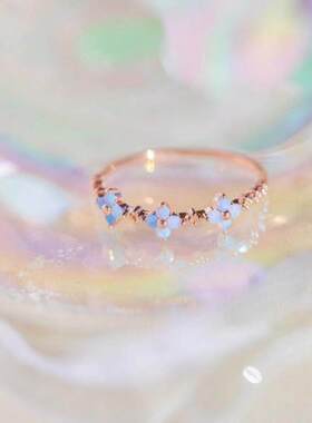 热卖蓝色花朵戒指手饰18K金保色锆石饰品可爱少女指环