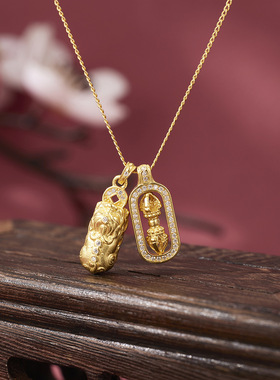 S925银韦雪同款镶钻貔貅金钢杵项链女国潮古法吊坠气质锁骨链配饰