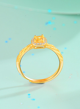 s925纯银小方糖戒指女ins小红书同款轻奢小众高级感镶黄水晶指环