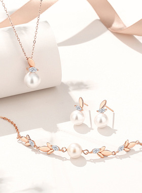 原创麦穗珍珠项链女纯银ins小香风森系几何吊坠玫瑰金锁骨链礼物