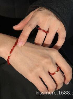 琛墨新款小颗红玛瑙圆形金珠国风复古戒指串珠简约百搭红色指环女