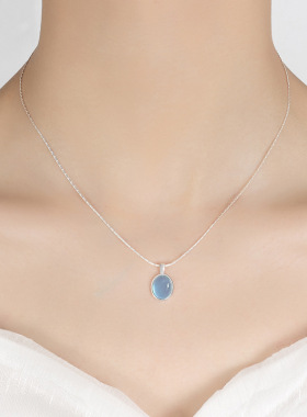 925纯银海蓝宝项链女ins小红书同款简约小众冷清感椭圆水滴锁骨链