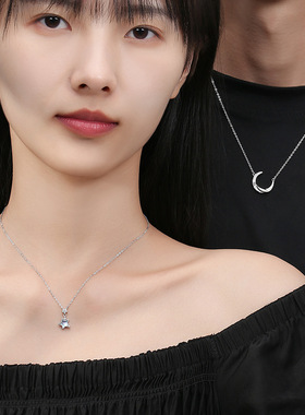 原创为你星动情侣项链925纯银韩版星星月亮锁骨链月光石吊坠