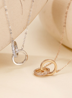 银恋S925纯银满锆双环项链女高级设计感莫比乌斯环锁骨链轻奢简约