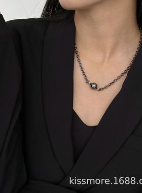 琛墨暗黑M家大溪地珍珠复古项链个性枪黑色时尚小众链条锁骨链女
