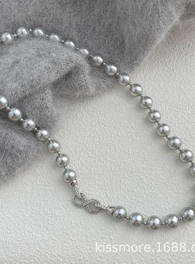 琛墨简约真多麻灰色珍珠小众项链复古女八字扣时尚百搭轻奢锁骨链