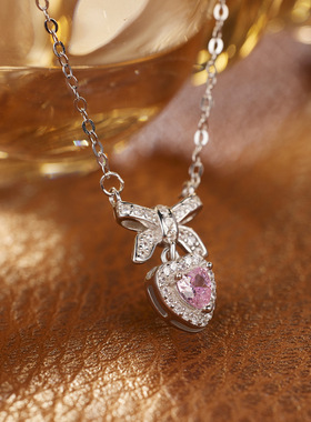 925银蝴蝶结粉钻爱心项链女韩版轻奢高级感蝴蝶吊坠网红锁骨链女