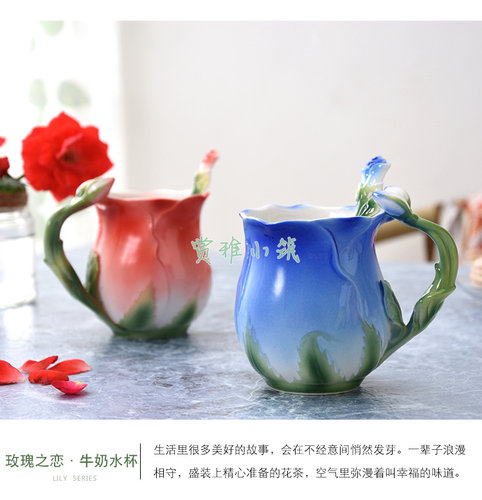 创意北欧咖啡杯玫瑰马克杯欧式法兰彩抖音陶瓷杯情人生日礼物包邮 - 图2